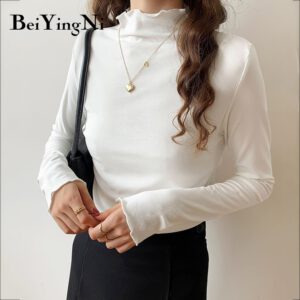 Beiyingni ผู้หญิงเสื้อยืดธรรมดา2021ใหม่แฟชั่นฤดูใบไม้ผลิฤดูใบไม้ร่วงเสื้อแขนยาวหญิงคอเต่า Harajuku T เสื้อผู้หญิง