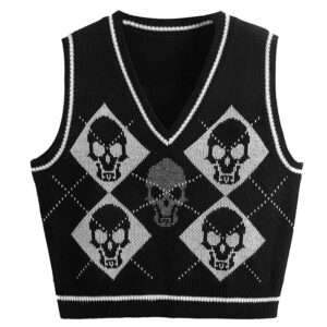 Y2K Gothic ถักเสื้อกันหนาว Vest Skull พิมพ์ Argyle รูปแบบถัก V-คอ Pullover จัมเปอร์แฟชั่นผู้หญิงฮาโลวีน Streetwear